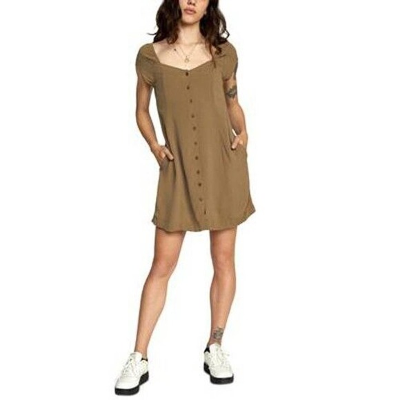 JR581 Rvca Brown Juniors' Interruption Button-Front Dress Size S - Picture 1 of 2